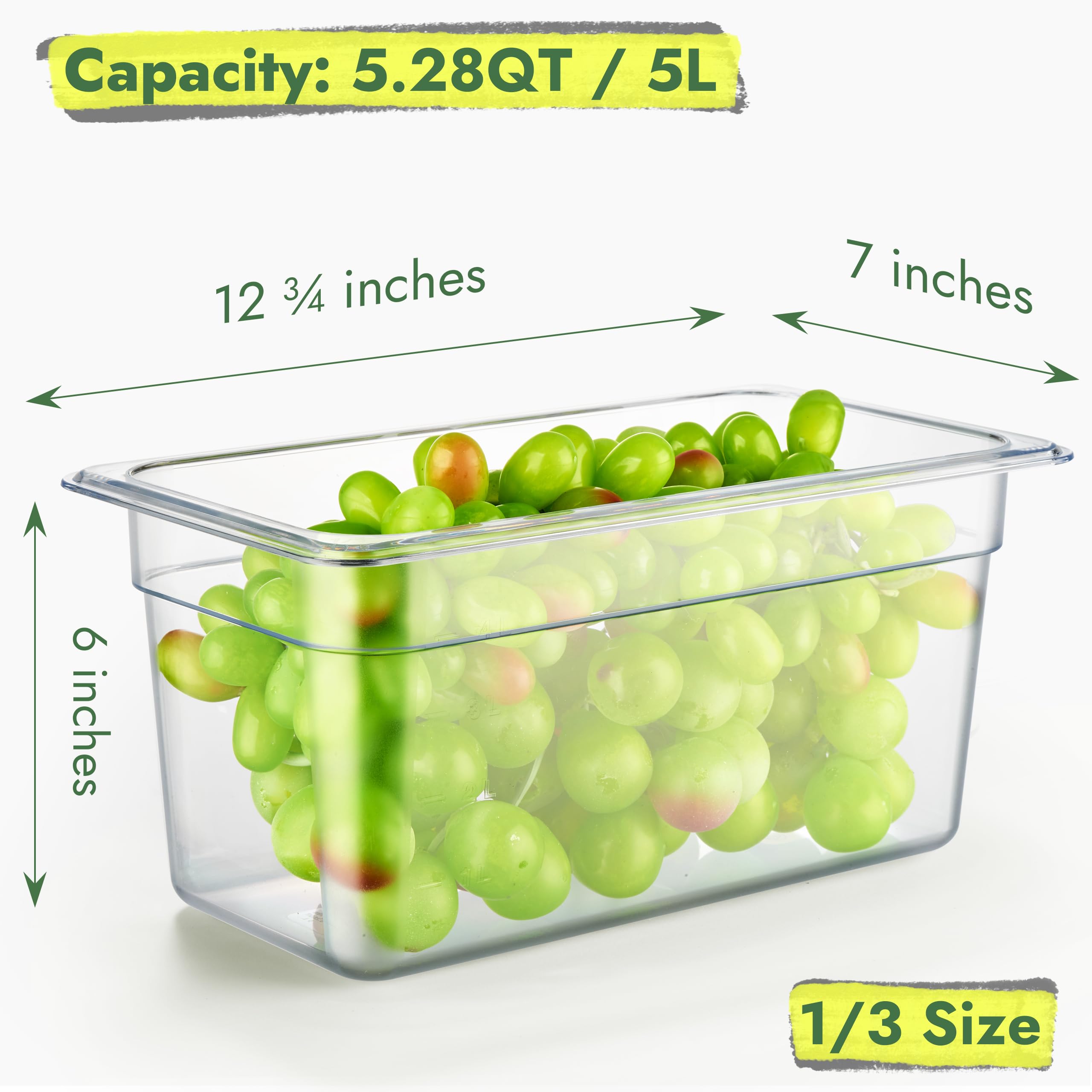 CURTA Confezione da 6 teglie per alimenti in policarbonato NSF da 1,3 cm, con coperchio dentellato e vassoio di scarico, lavabili in lavastoviglie e freezer, contenitori trasparenti per tavoli da