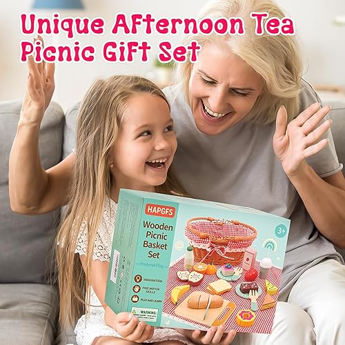 Miniatura 7 de Juego de cesta de picnic de madera con comida de juego realista, accesorios de cocina para niños pequeños de 3 a 8 años, comida de madera para