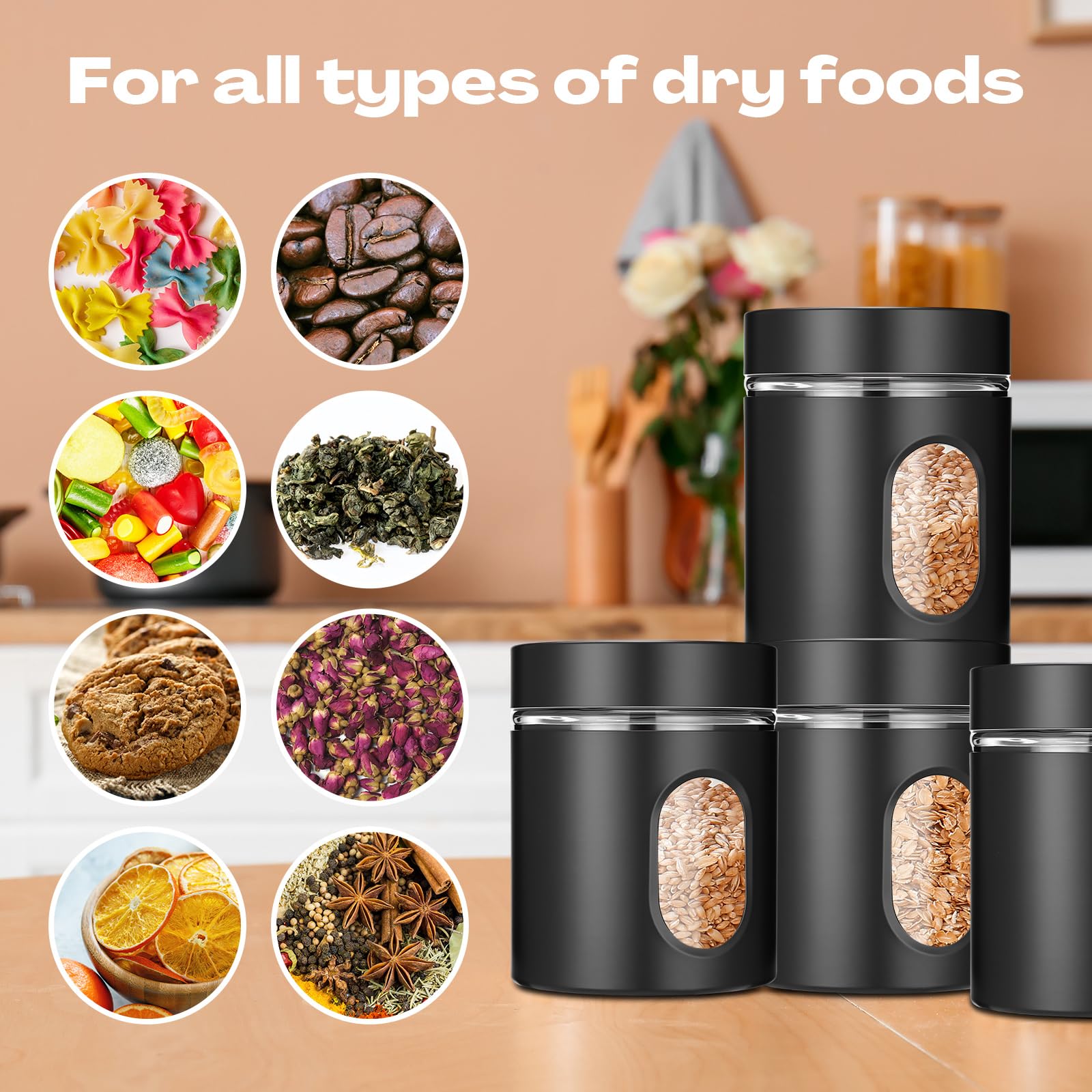 Patelai Set di 6 contenitori da cucina ermetici in acciaio inox da 590 ml, contenitori per alimenti con finestra in vetro, barattoli per caffè, zucchero, caramelle, tè, per farina, biscotti, spezie