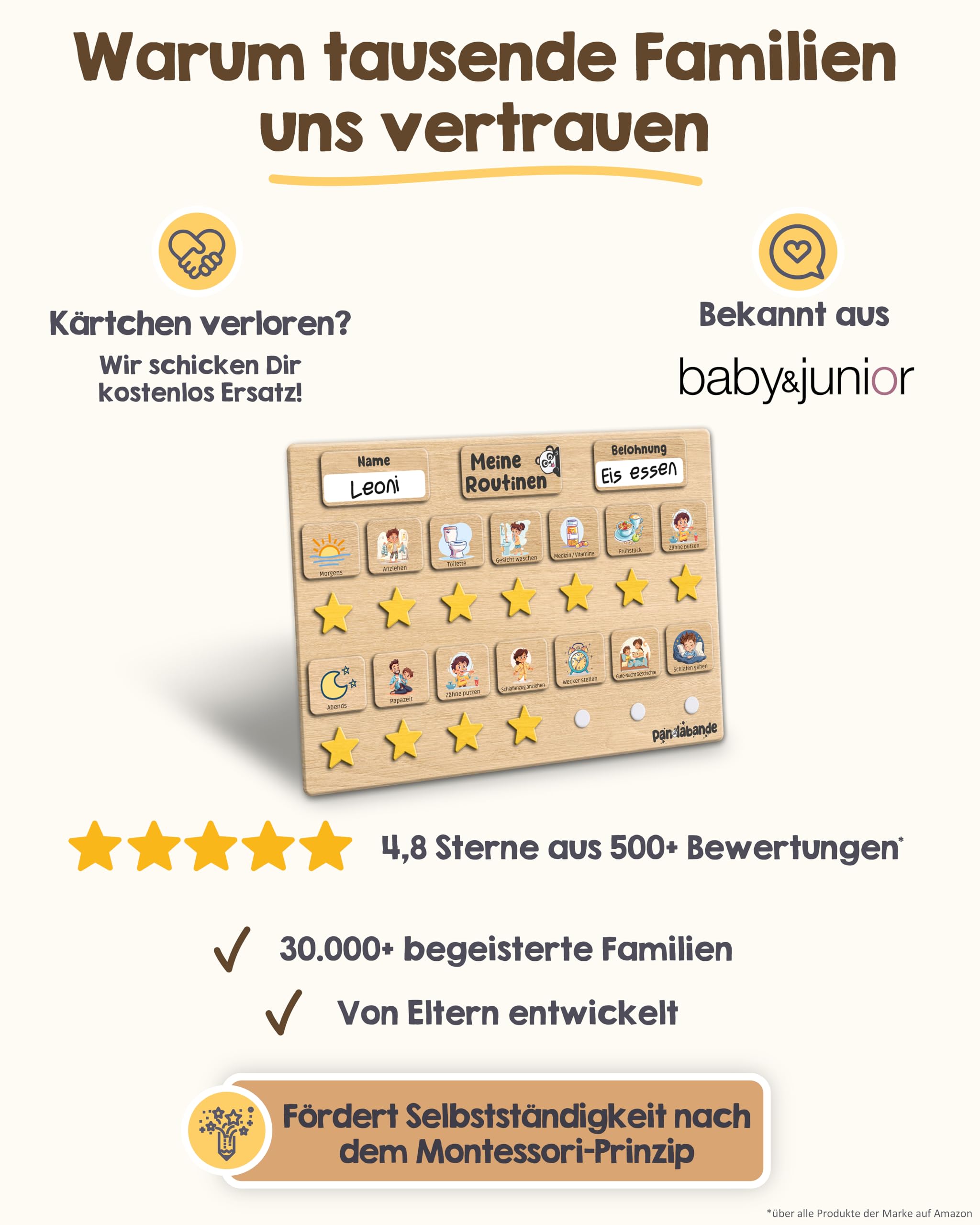 PANDABANDE Premium Routine Planer Kinder Holz - 100% FSC®-zertifiziert | Morgenroutine und Abendroutine mit 84 Karten & Sternen - Tagesplaner Kinder Routine - Routineplaner für Morgens und Abends