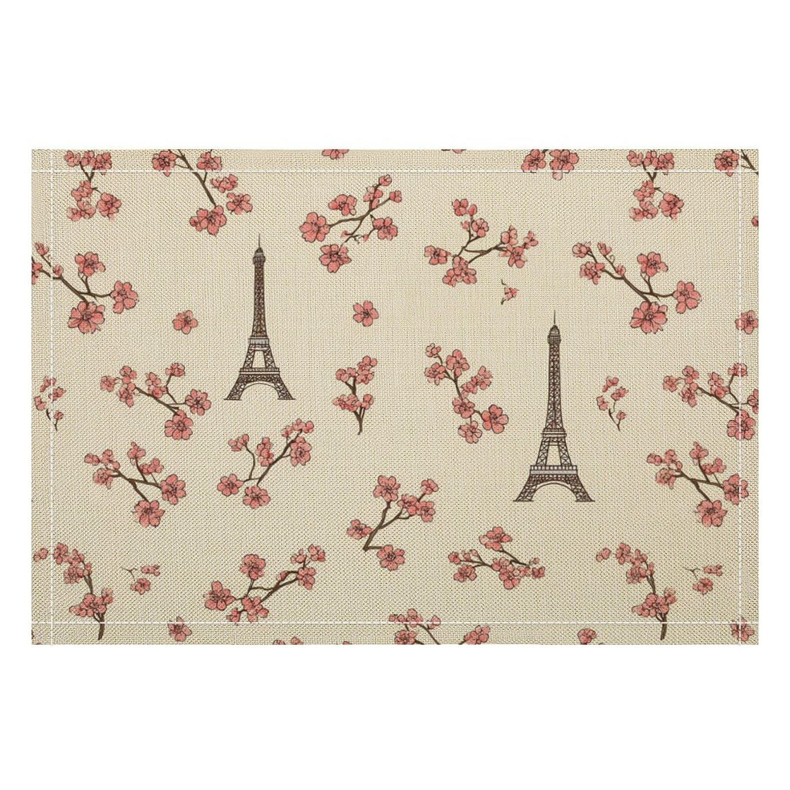 Eiffel Tower Floral Funny Linen Placemats Heat Resistant Table Mats for Dining Kitchen 18 X 12 Inch