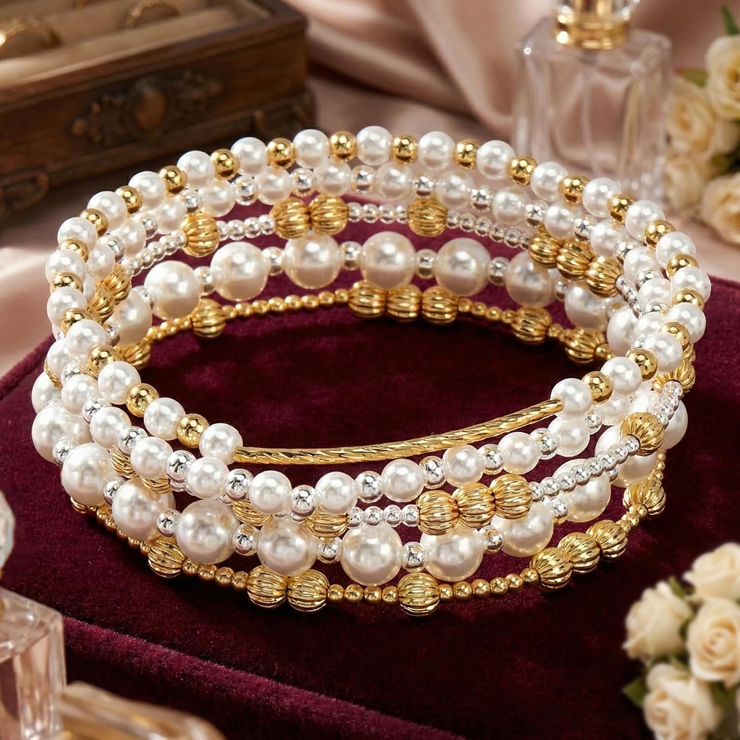 14K Gold Plated Beaded Bracelets Stack Set for Women,Stretch Boho Ball Jewelry Friendship Trendy image 4