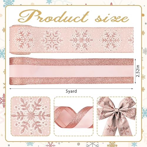 Miniatura 2 de 2 rollos de cinta de Navidad para lazos de corona, regalos, cinta de copo de nieve de oro rosa con purpurina para envolver regalos, suministros de