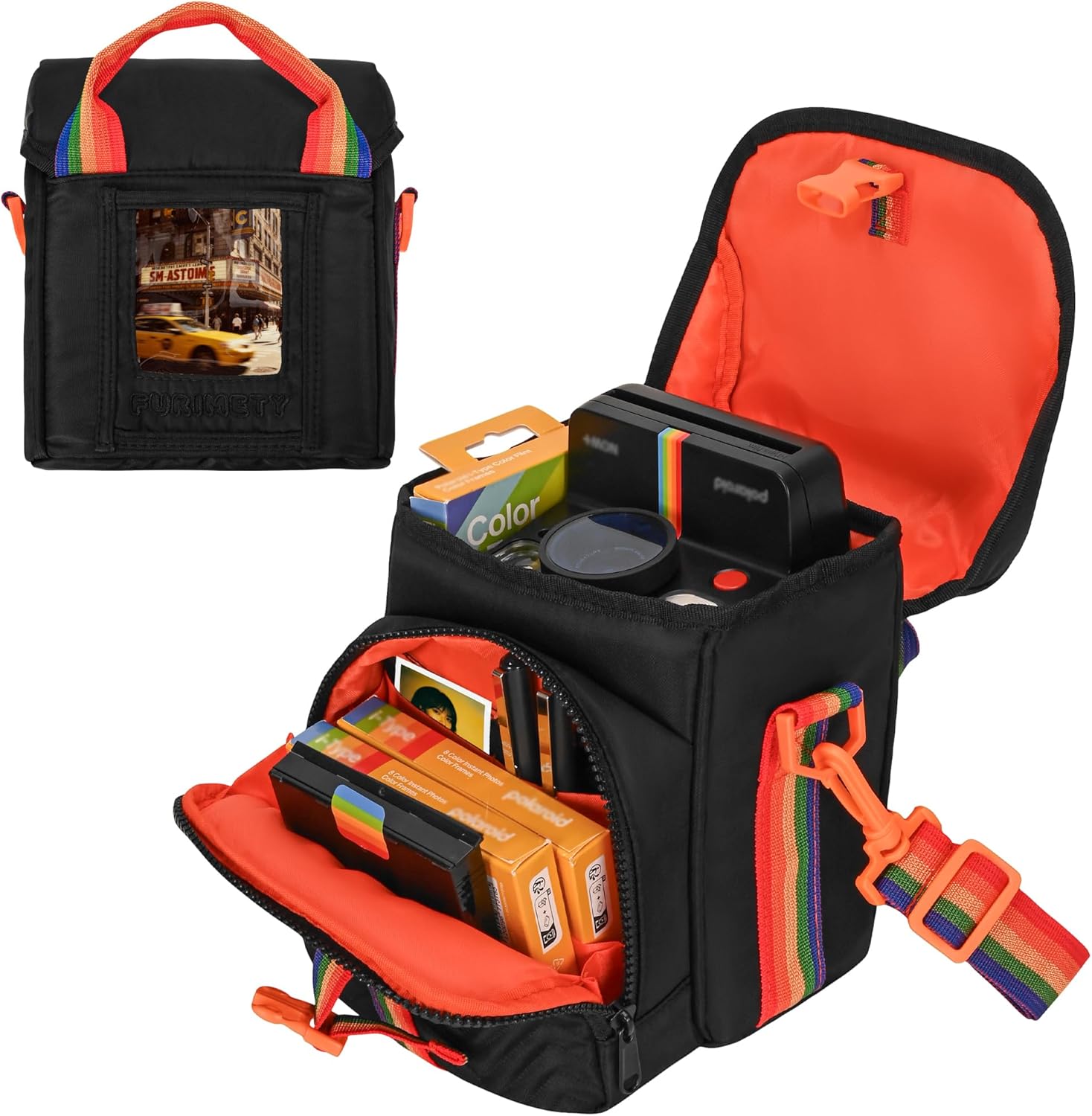 Accordion Camera Carrying Case Compatible with Polaroid Now 3rd/2nd Instant Camera, Sling Camera Bag with Easy Photo Window, Black