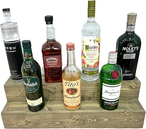 Miniatura 9 de Estante escalonado para botellas Expositor de botellas de licor de 2 niveles Organización de bar Estante de exhibición Estante de vino