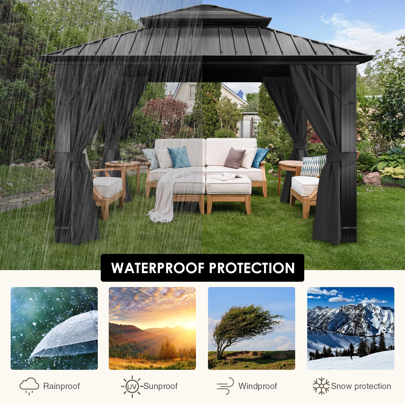 Inmeilifus 4 Seitenteile Pavillon 3x3m Wasserdicht Seitenwände UV Schutz (Schwarz)