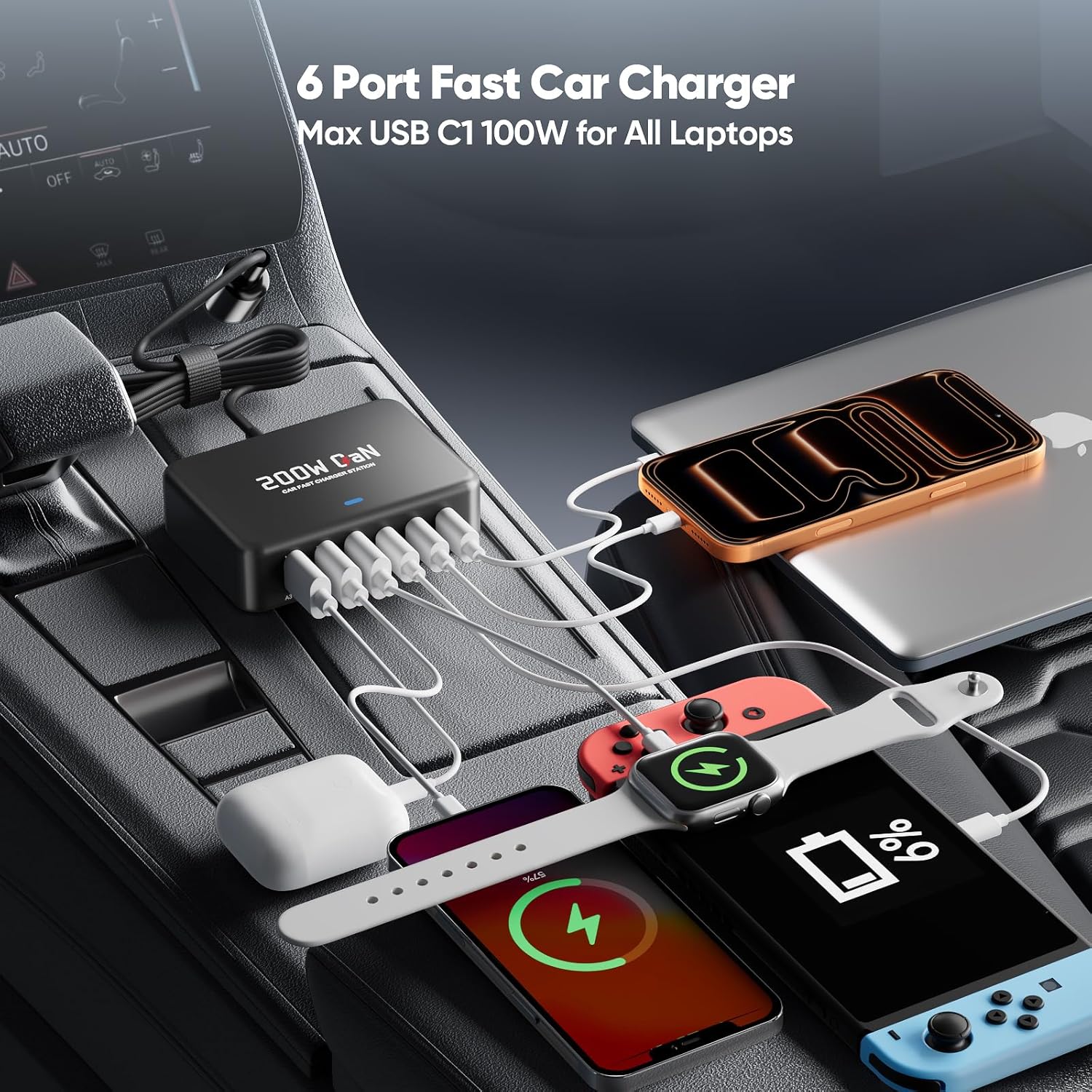 USB C Car Charger, 200W GaN 6-Port USB C Car Charger for MacBook Pro/Air, Dell/Lenovo Laptop, PD3.0/PPS for iPhone 17/16/15 Series, iPad, Samsung Galaxy S25 Ultra / S24 Series and More