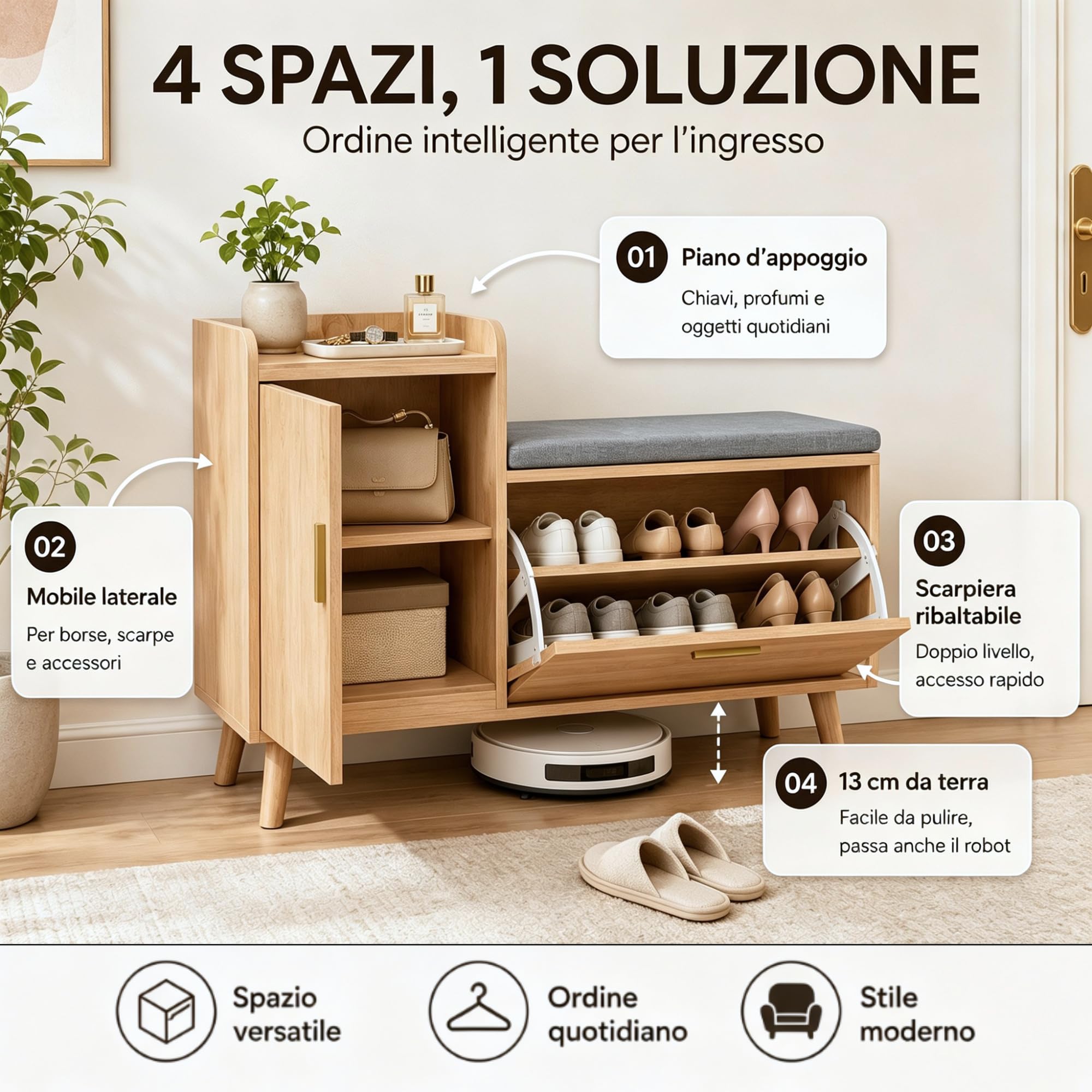 Panca Scarpiera con Contenitore, Scarpiera con seduta e 2 ante, Mobile Scarpieras Salvaspazio in Legno e Tessuto Effetto Lino per ingresso, corridoio, soggiorno, 100x30x69,5cm