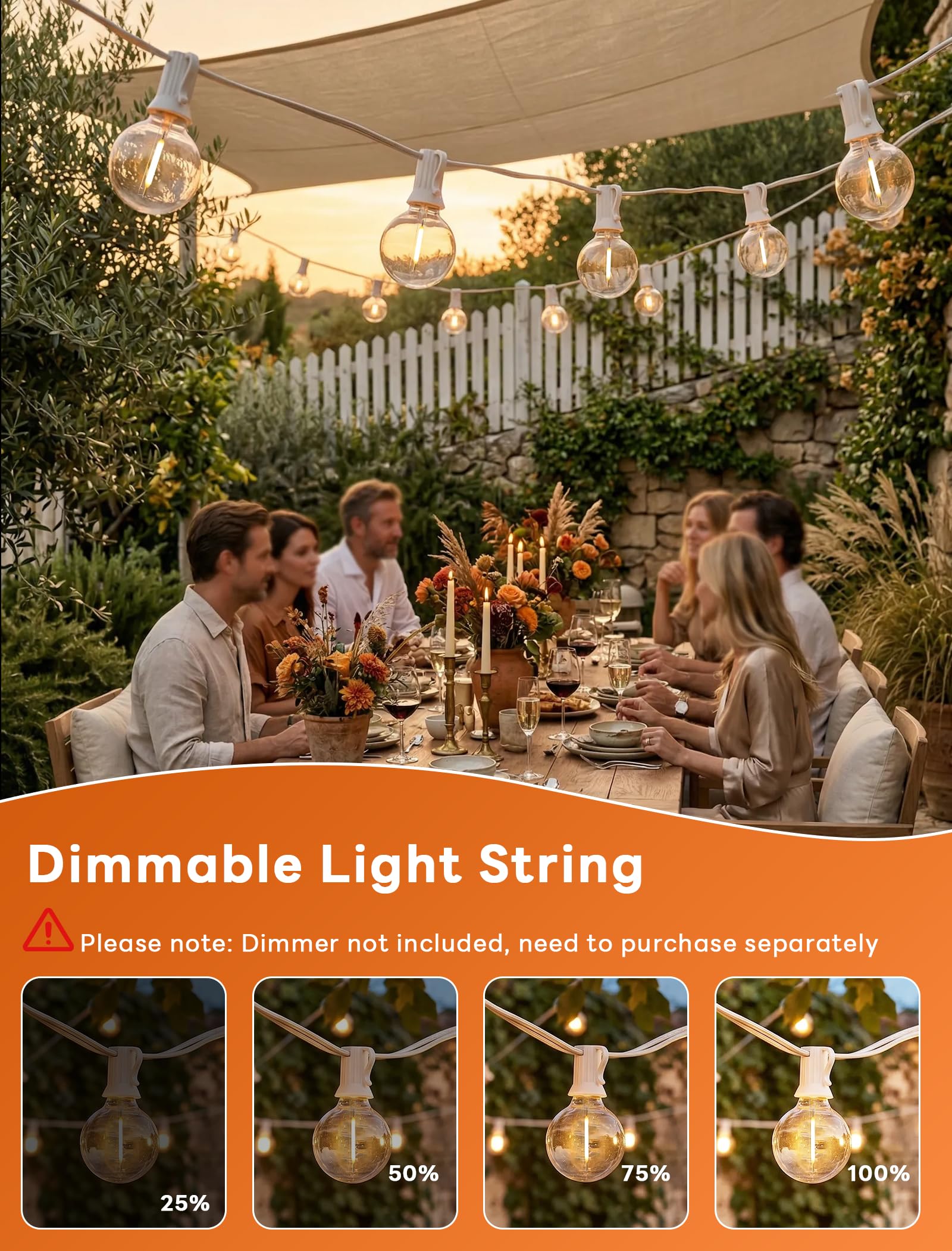 Abeja LED-Lichterkette für den Außenbereich, 7,6 m, Kugel-Lichterkette mit 27 bruchsicheren, transparenten LED-Lampen (2 Ersatz), hängende Terrassen-Lichterkette für Hinterhof, Bistro, Party, Hof