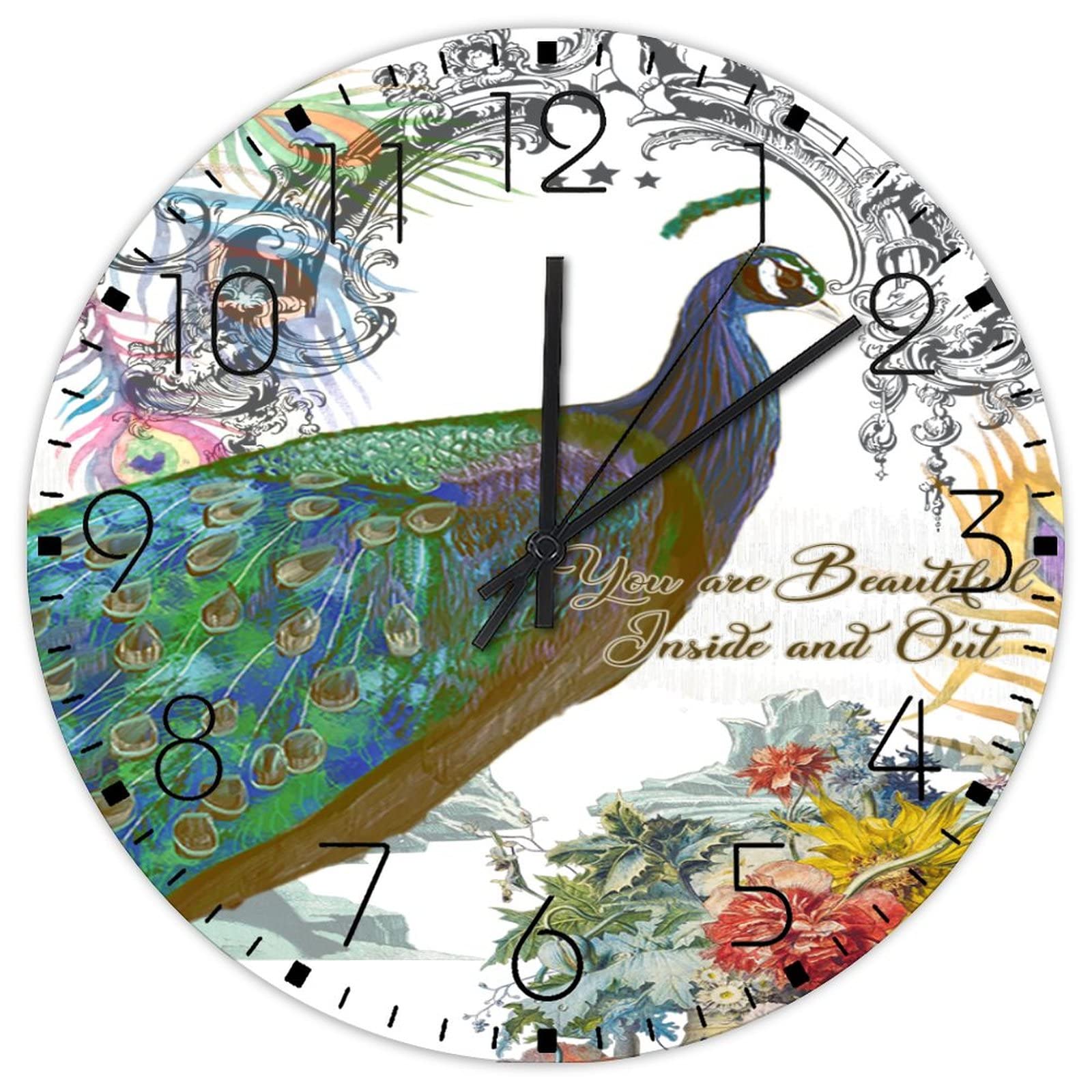 Horloge murale paon en bois de 38 cm grand cadran coloré avec chiffres contrastés