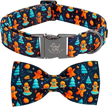 Christmas Dog Collar, Blue Gingerbread Man Pet Collars Bow Red Metal Buckle Collar Puppy Girl Boy Holiday Cotton Soft Bowtie Adjustable Dog Collar for X-Small Dogs