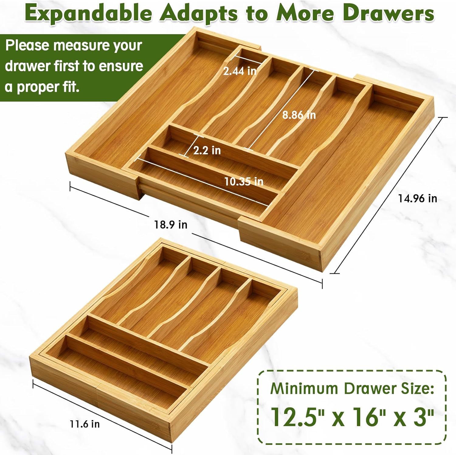 Bamboo Kitchen Drawer Organizer, Expandable Cutlery Tray Utensil Organizer with Grooved Silverware Drawer for Flatware Silverware in Kitchen 8 Slot, Natural, 11.6"-18.9"W, 14.96"H, 1.97"D