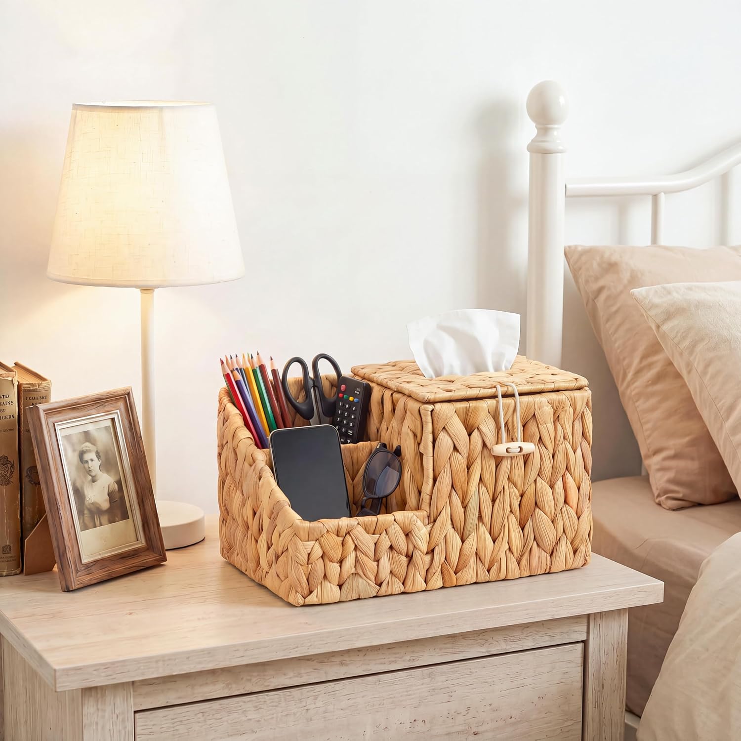 Tissue Box Cover with Storage, Water Hyacinth Square Tissue Box Holder | Tissue Remote Control Holder,Handwoven Decorative Cube Tissue Box Organizer for Bedroom Nightstand End Table