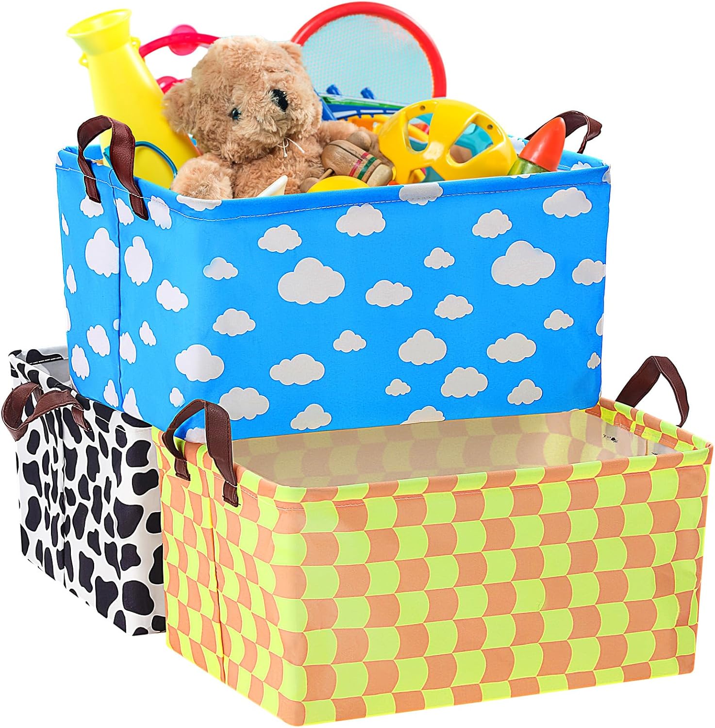 3 Pack Storage Baskets Waterproof Canvas with Leather Handles Storage Bins Basket Organizer Collapsible for Closet Clothes Room Decor(Black, Yellow, Blue,Cartoon)