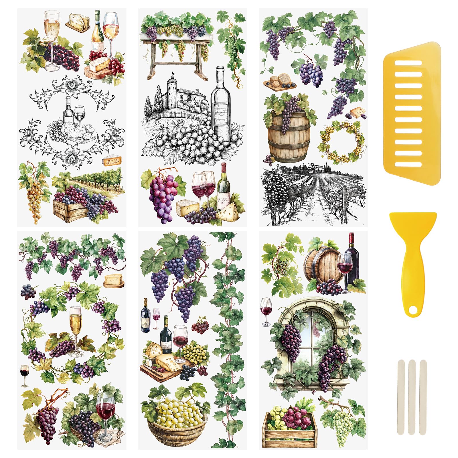 WANDIC 6 Sheets Rub On Transfer Sticker, Grape Theme Flower Decals Waterproof Furniture Stickers for DIY Scrapbooking Photo Albums, 15 * 30cm