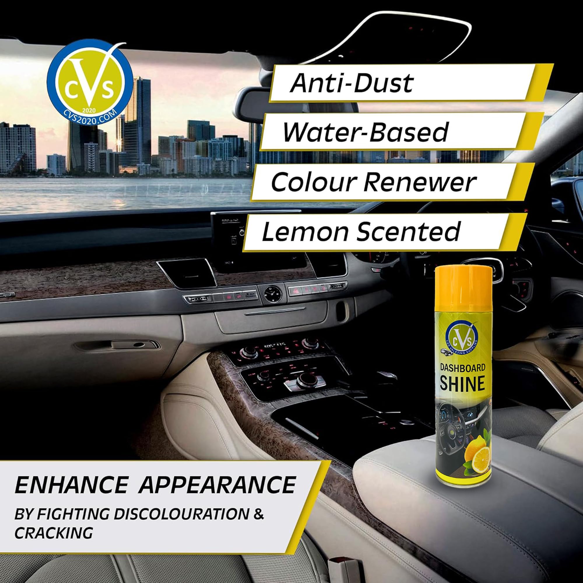 CVS Dashboard Shine - Spray in silicone lucidante: pulisce, lucida e protegge gli interni dell'auto, ripristina la lucentezza, rimuove sporco, polvere e residui, profumo di limone, 500 ml, confezione