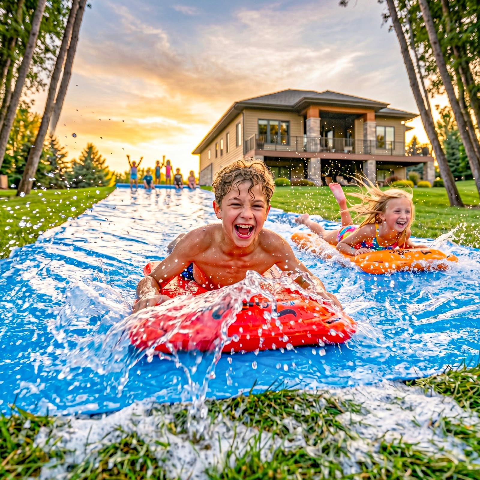 JAMBO XXL Mega-Wasserrutsche und 2 Bodyboard-Update-Modelle, extra lang, extra breit, Spritzschutz und Rutsche für Kinder, robuste Wasserrutsche für Hinterhof, Rasen, Outdoor-Wasserspielzeug