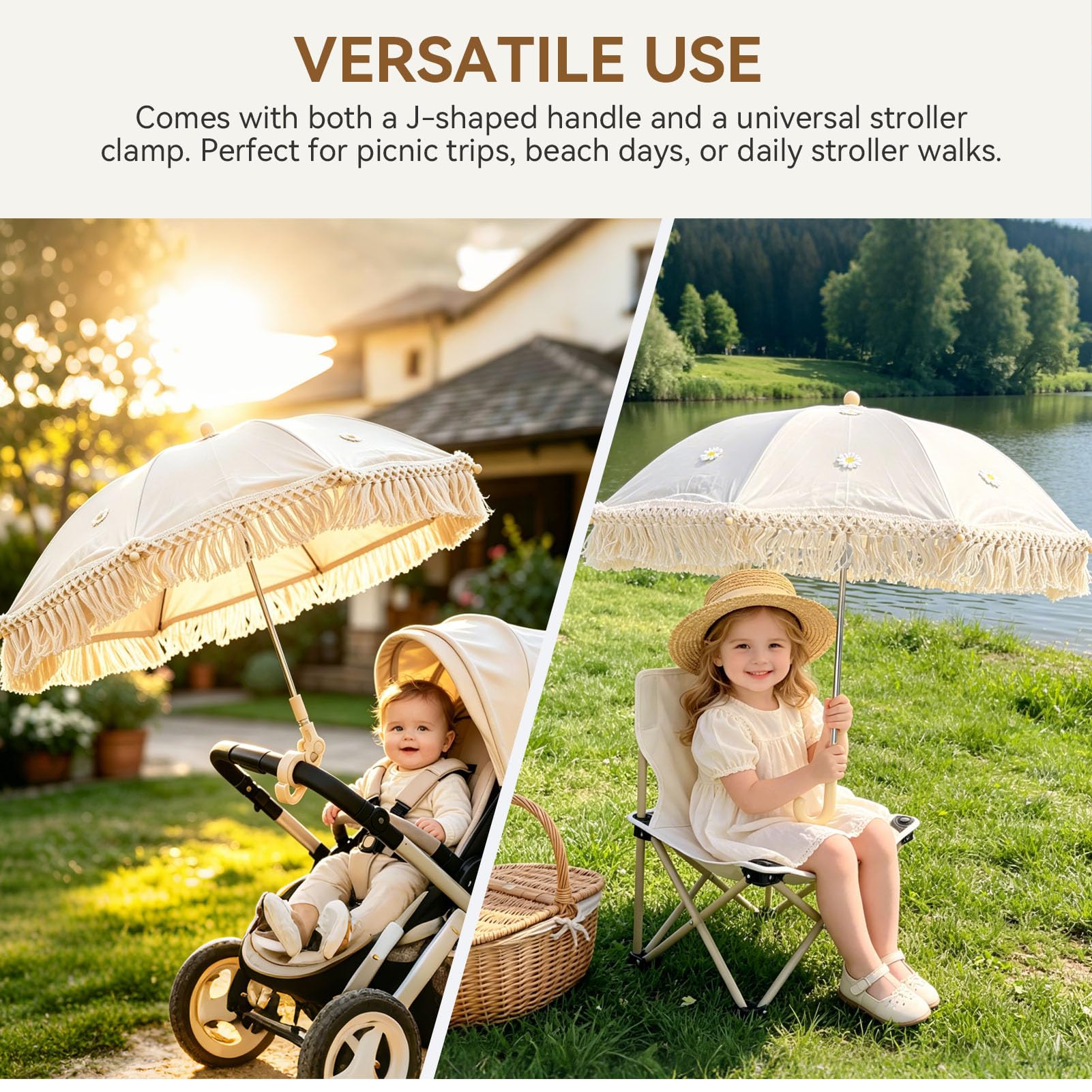 Agatige Parasol Pour Poussette De Bébé Avec Pompon, 70CM Poussette Portable Universelle Parasol De Chariot Pour Accessoires De Photographie Jardin De Bord De Mer (Beige Avec Petit Chrysanthème)