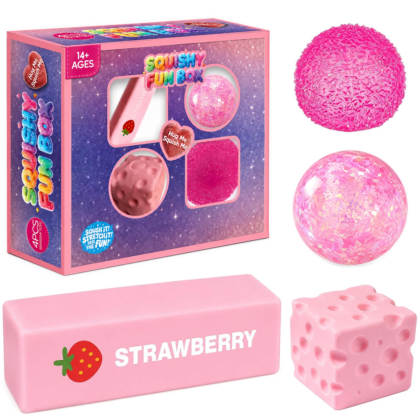 4 Pcs Squishy Fun Box Toys, Butter Cheese Squishy & Textured Stress Balls