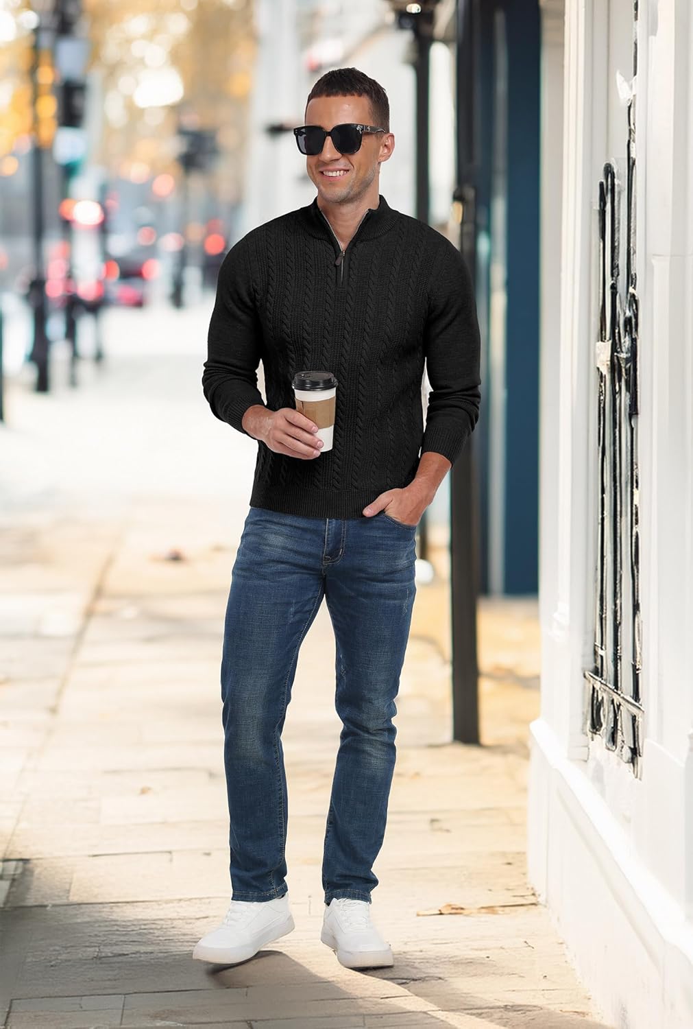 Askdeer Men's Quarter Zip Sweater Cable Knit Mock Turtleneck Sweater Long Sleeve Soft Casual Pullover Sweater - Image 3