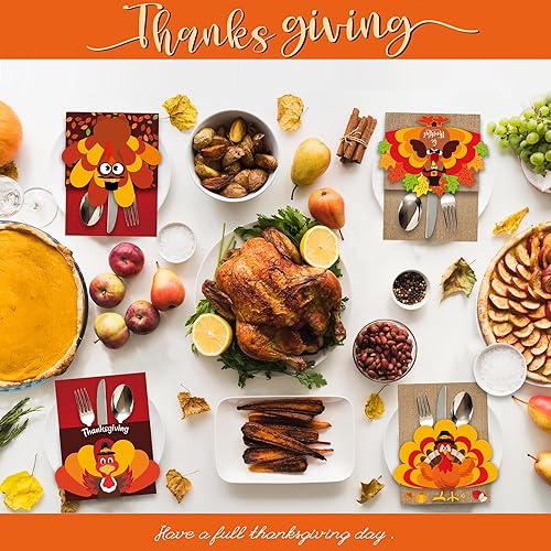 Miniatura 5 de Caoekego 24 soportes para cubiertos de Acción de Gracias, pavo y Acción de Gracias, para decoración de mesa de cena de Acción de Gracias, otoño,