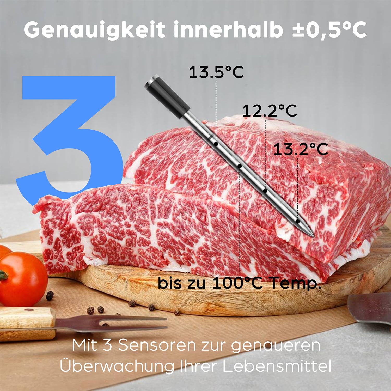 BFOUR Fleischthermometer kabellos,Smart Bluetooth Grillthermometer,Doppelalarm,App-Überwachung,IP67 wasserdicht,Backofenthermometer für BBQ, Grill, Backofen,Smoker, Rotisserie