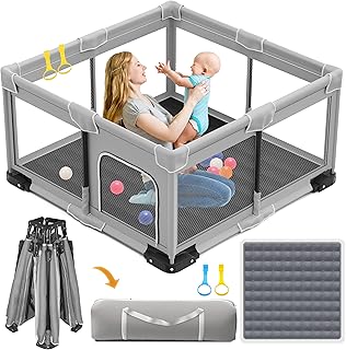 Foldable Playpen for Babies and Toddlers, 50x50 Inches Portable Playpen, Kids Collapsible Play Pen with 2 Handlers, Indoor & Outdoor Baby Fence Play Area with Visible Mesh, Light Gray