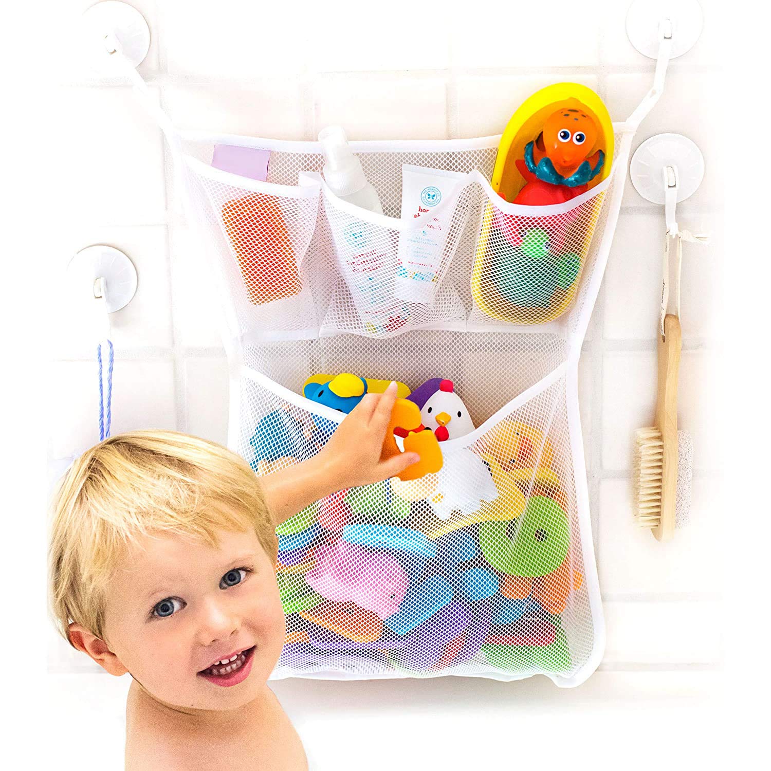 Bath Toy Organizer,Gugule Extra Durable Washable Mesh Baby Bath Toys Bin With 3 Extra Pockets For Soaps & Shampoos Mold Resistant Quick Dry Mesh