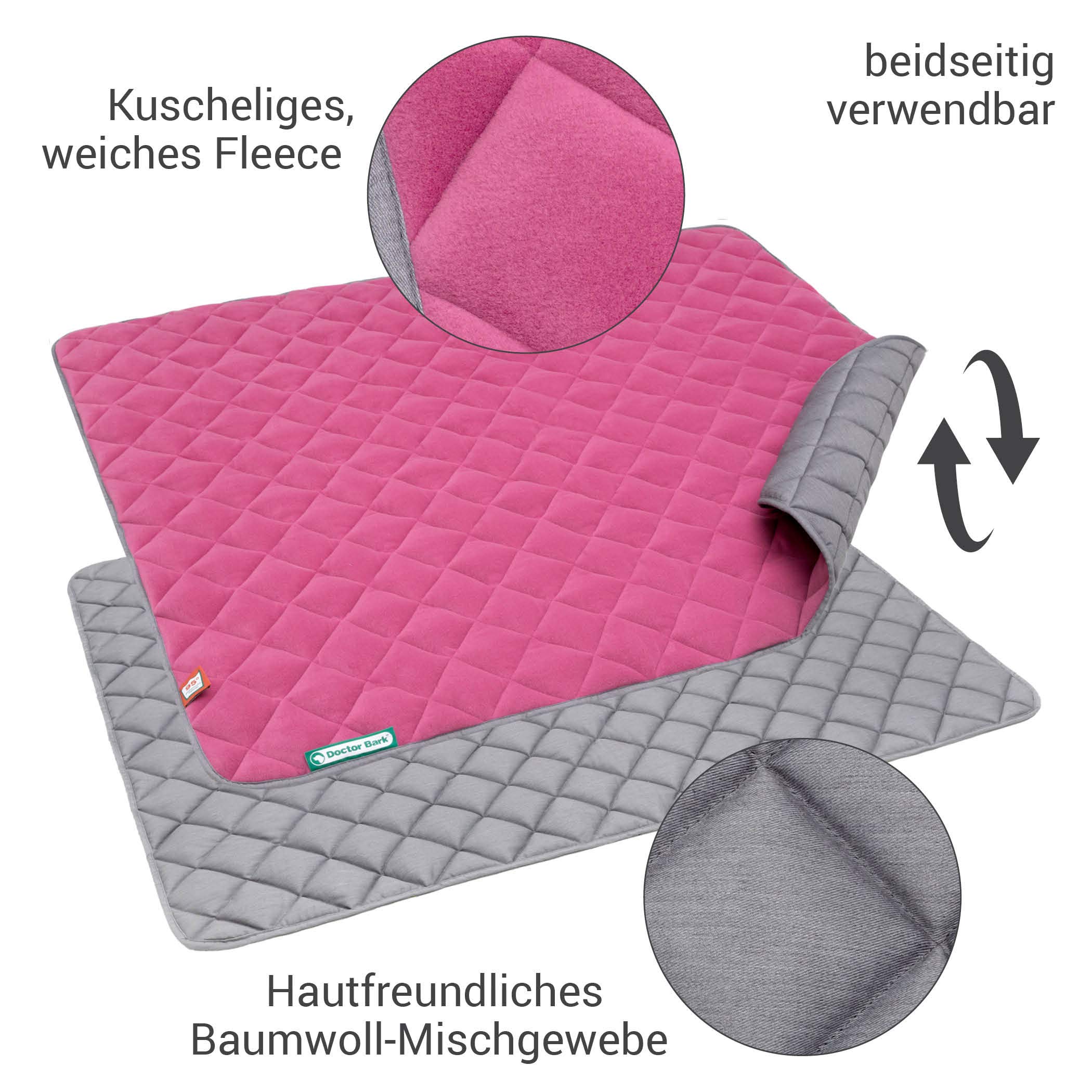 Doctor Bark Manta para perros de forro polar, reversible, mullida, resistente, para perros muy grandes, lavable hasta 95 °C (rosa/gris claro, XXL – 140 x 110 cm)