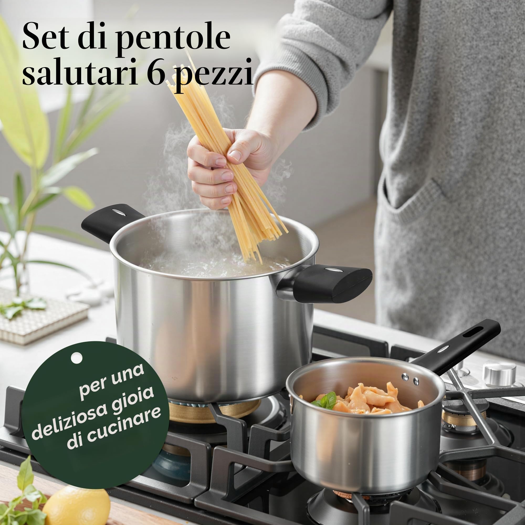 Set di 6 pentole in acciaio inox, set di pentole a induzione, con coperchio, versatile, per tutti i piani cottura, lavabili in lavastoviglie, non rivestite, per una cottura sana