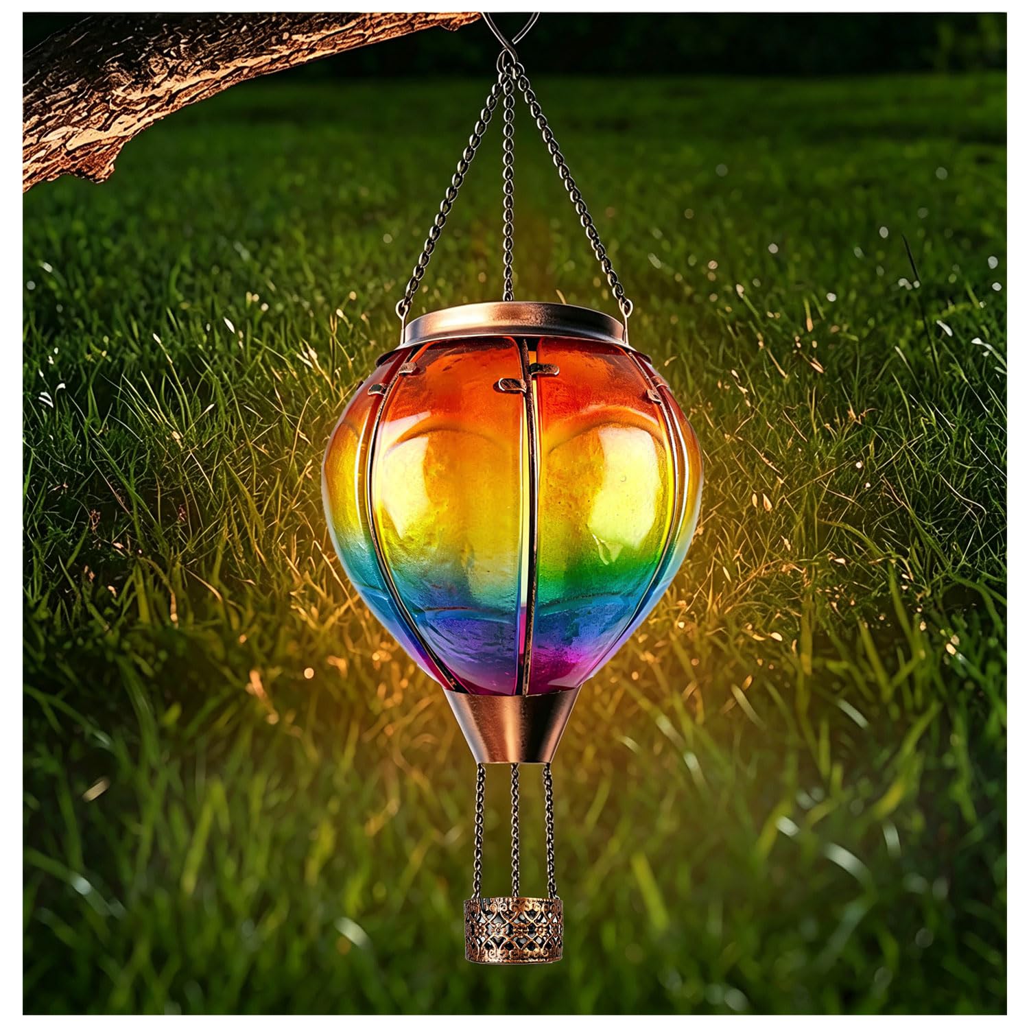 MouMouPurr Hot Air Balloon Solar Lantern, Glass Hanging Light with Flickering Flame Candle Holder, Waterproof Outdoor Decor Lamp for Garden Yard Porch Lawn Tree, Ideal Gift for Women, 1 Pack
