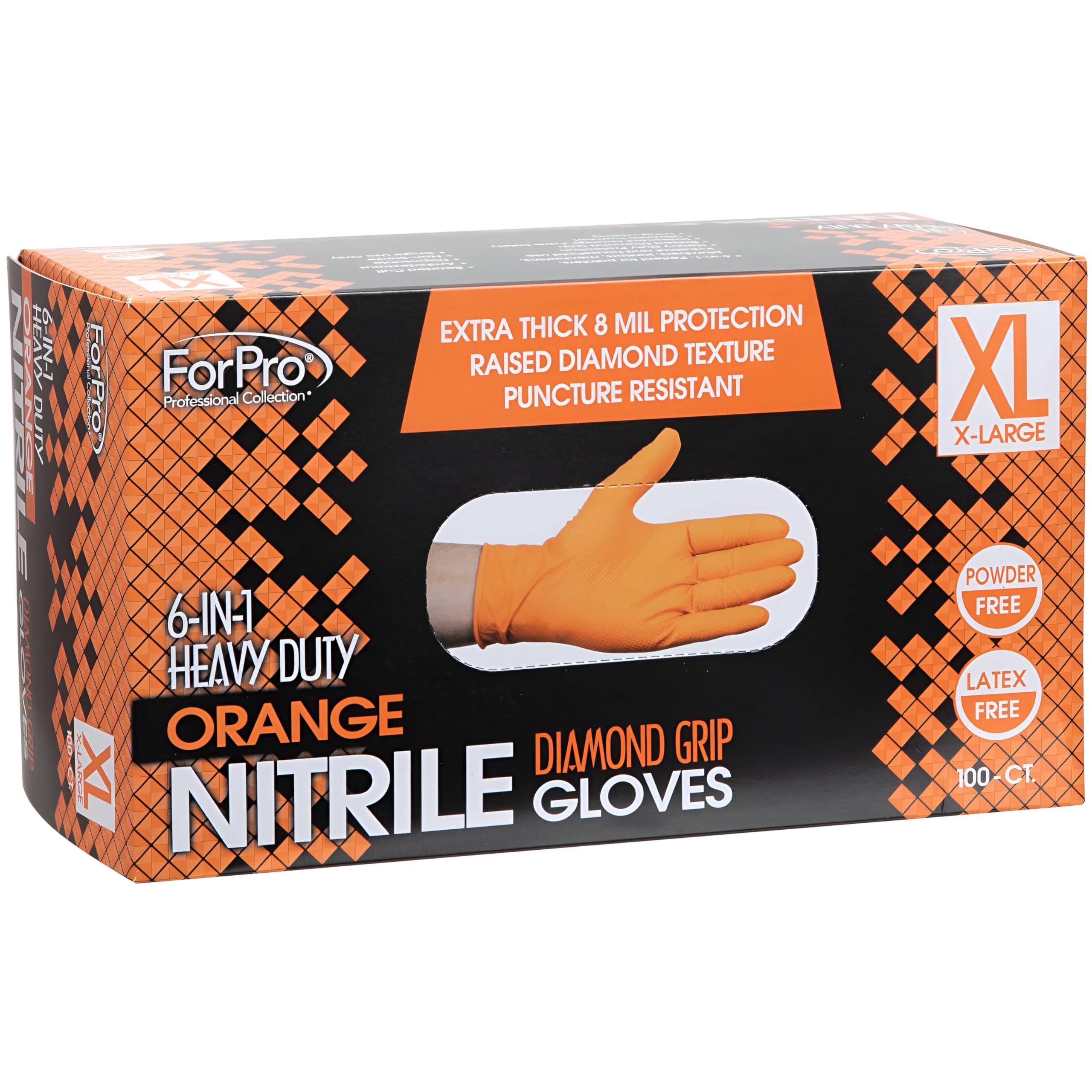 ForPro Professional Collection Strapazierfähige Einweg-Nitrilhandschuhe, Orange, 8 mm, Industriequalität, erhöhter Diamantgriff, latexfrei, Größe XL, 100 Stück