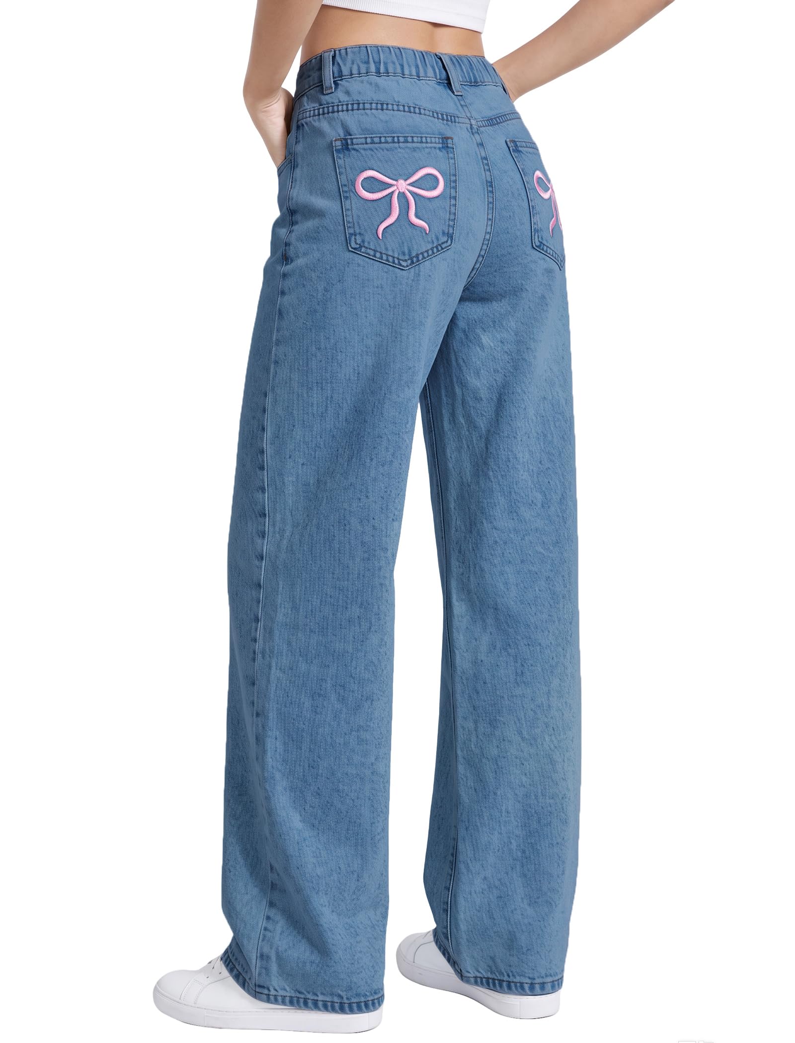EXARUS Mädchen-Jeans mit weitem Bein/ausgestellter Schleife, Stickerei/Leopardenmuster, Denim-Hose mit Taschen, lässig für Kinder von 6–14 Jahren