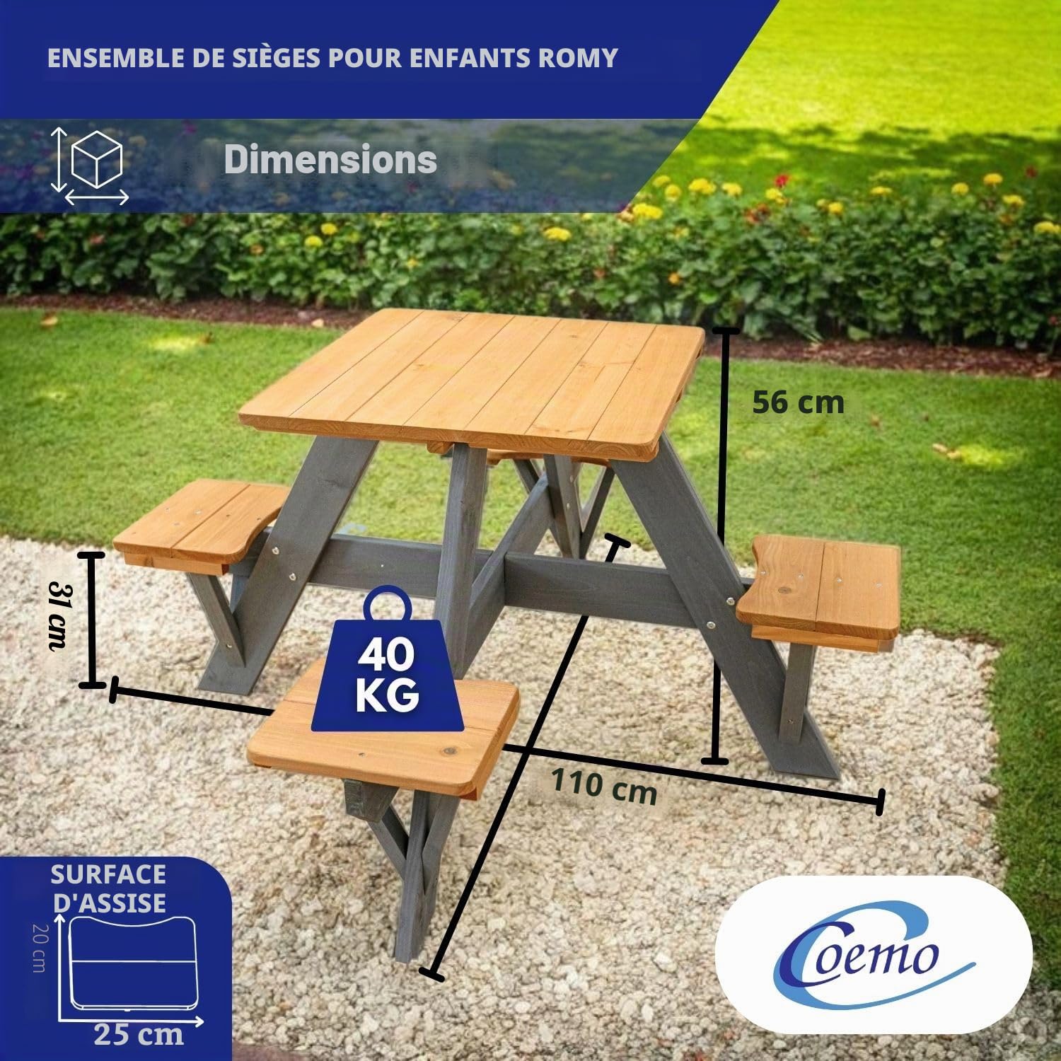 Coemo Table de pique-nique Romy Table de jardin en bois Marron