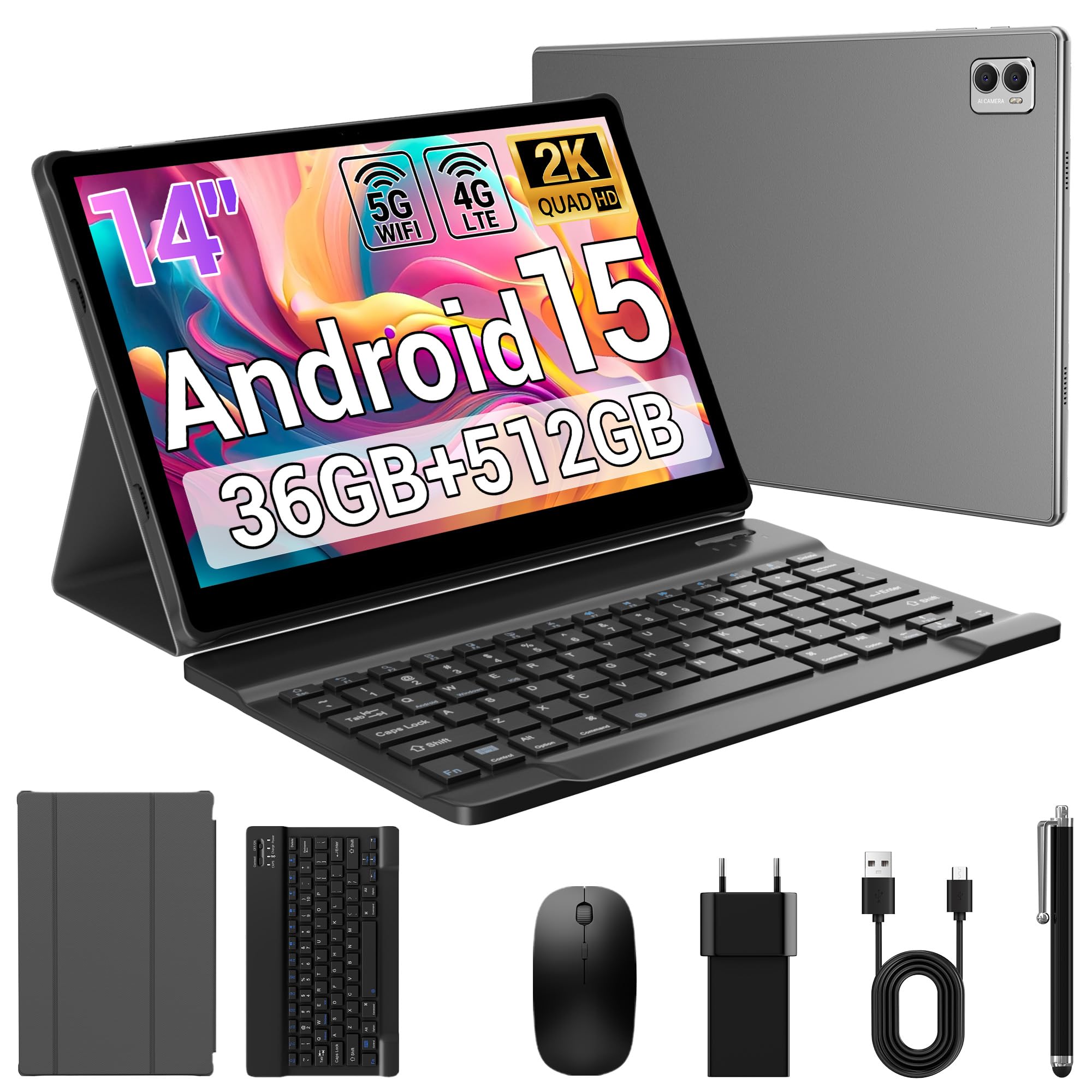 Tablet 14 Pollici Android 15 Tablet 5G WiFi,Octa-Core 2.0Ghz,36GB RAM+512GB ROM/11580mAh/Face Unlock/OTG/GPS-Tablets in Offerta con Tastiera e Mouse,Grigio