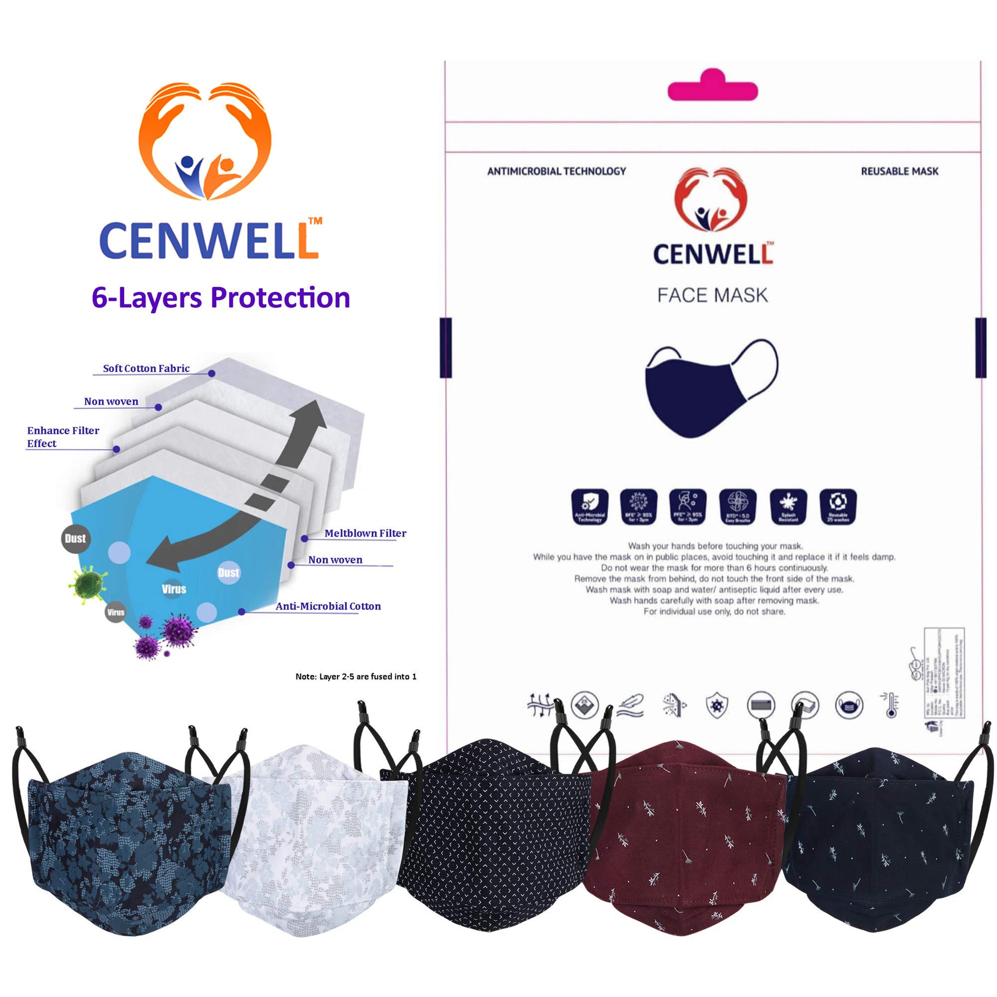 Cenwell 5 Pcs 100% Cotton 3d Mask with Adjustable Earloop, Ear Saver Strap & Meltblown Filter, Printed, Breathable, Reusable, Washable Designer Fabric Face Mask for Men, Women & Teens 2