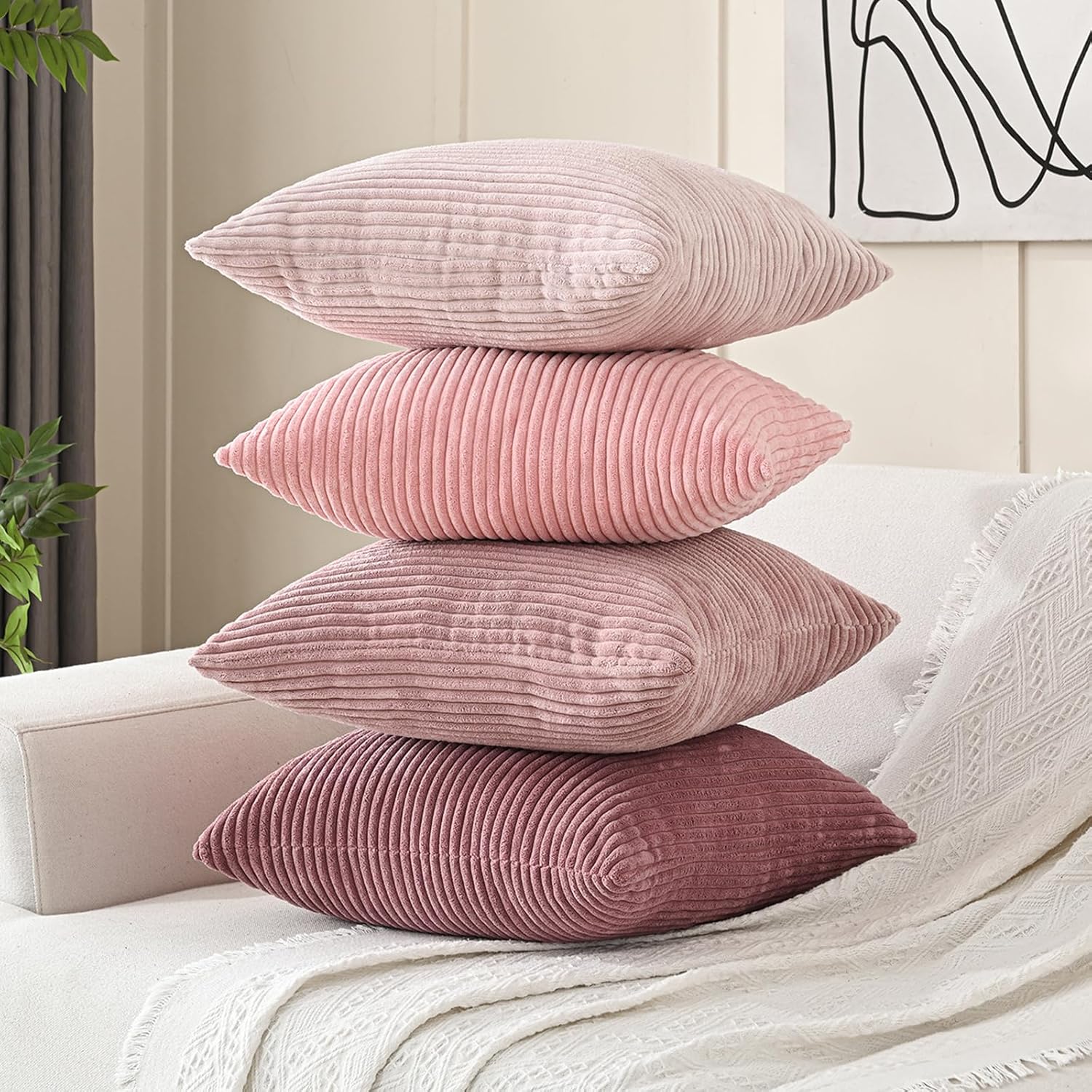 Volcanics Set of 4 Pink Corduroy Decorative Couch Throw Pillow Covers 20x20 Inch, Valentine's Day Farmhouse Striped Cushion Cases, Soft Boho Square Accent Pillow Covers for Home Sofa