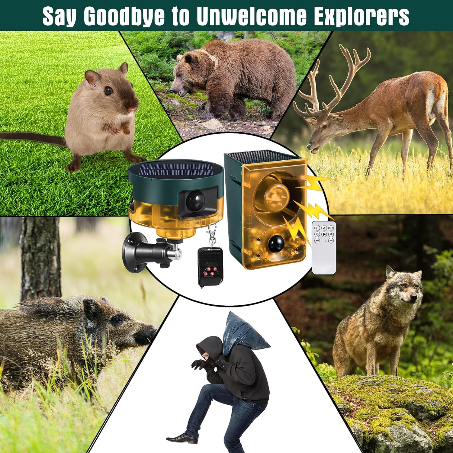 Qualirey 4 Pack Solar Outdoor Motion Sensor Alarm in 2 130db Loud Noise Maker Support Recording, Strobe Light Multiple Mode with Remote Control and USB Charging Cable (Yellow)