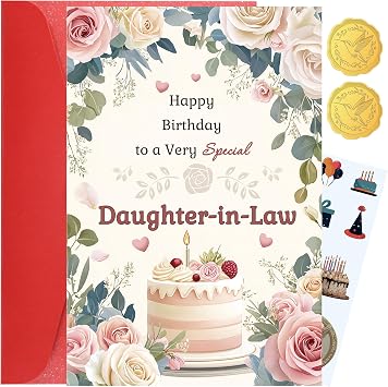 Daughter in Law Birthday Card - Happy Birthday to a Very Special Daughter-in-Law, Elegant Floral and Cake Design with Heartfelt Message Inside