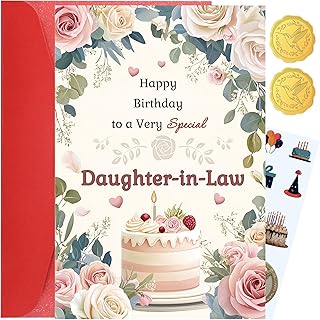Daughter in Law Birthday Card - Happy Birthday to a Very Special Daughter-in-Law, Elegant Floral and Cake Design with Heartfelt Message Inside