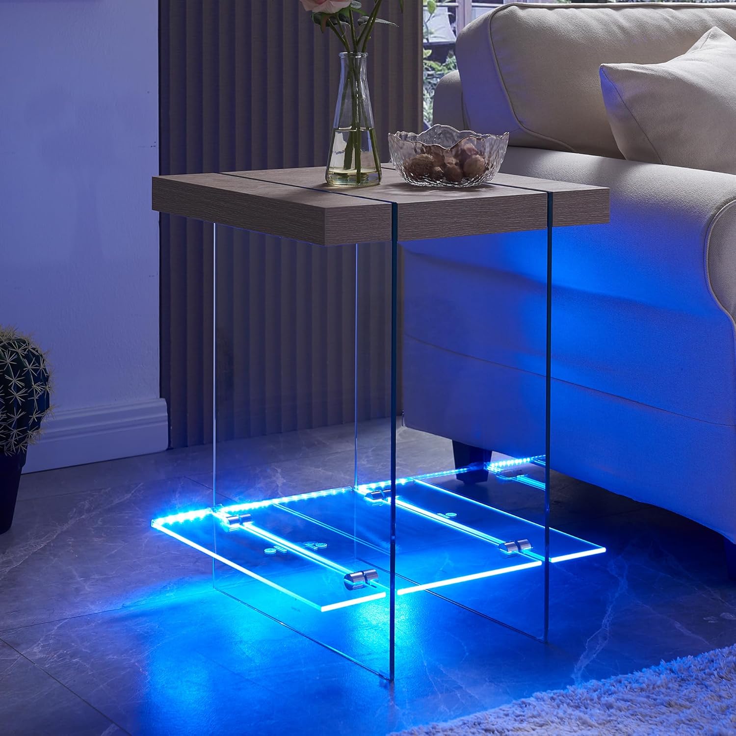T4TREAM Morden End Table with RGB LED Lights, Tempered