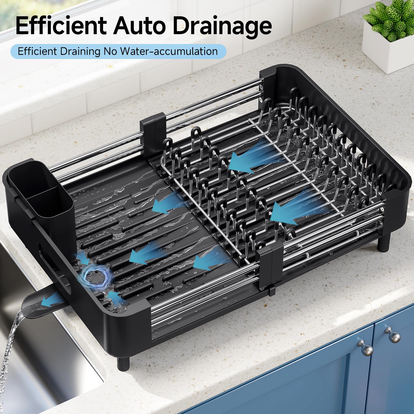 KINGRACK Escurridor de Platos, Escurreplatos Extensible, Escurridor de Platos Acero Inoxidable con Portautensilios Extraíble, Escurreplatos sobre Fregadero con Caño de Drenaje, Negro