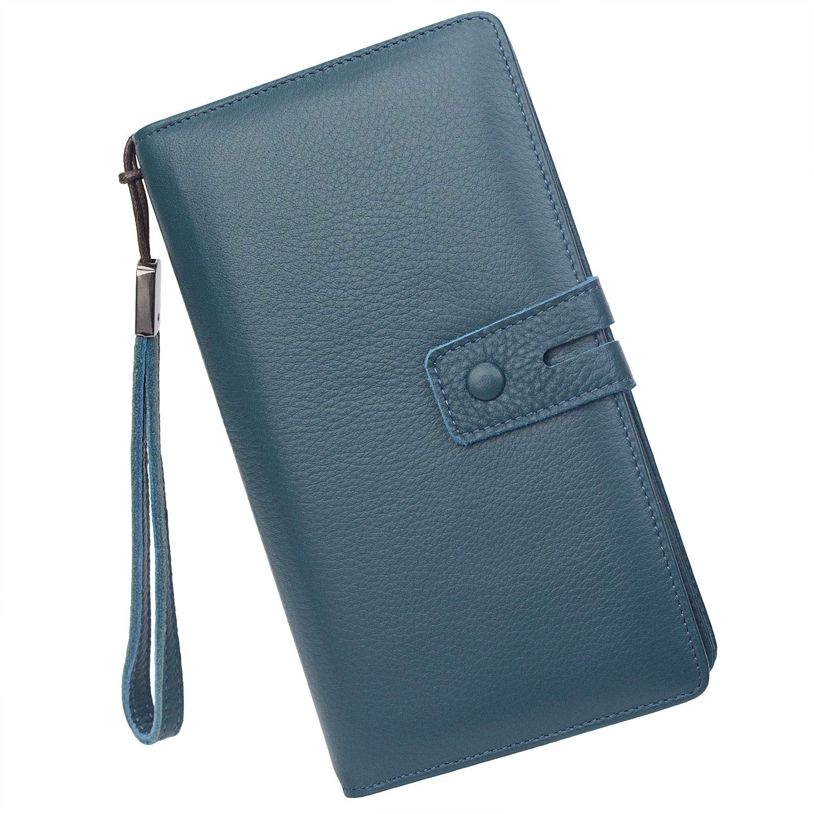 Women's Big Fat RFID Blocking Leather Wristlets Wallet Organizer Checkbook Holder (Blue)