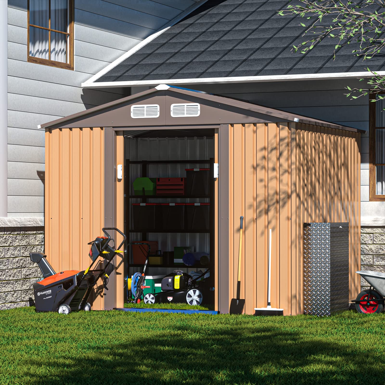 HOGYME Storage Shed 8' x 6' Outdoor Garden Shed Metal Shed Suitable for Storing Garden Tool Lawn Mower Ladder Coffee