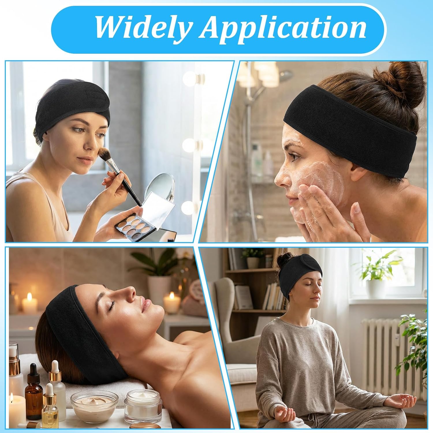 Lemecima 30 Pack Black Spa Headband Bulk- Adjustable Facial Hair Wrap for Women, Soft Stretch Towel Headbands for Makeup, Shower, Sports & Skincare (23.6" x 3.3")