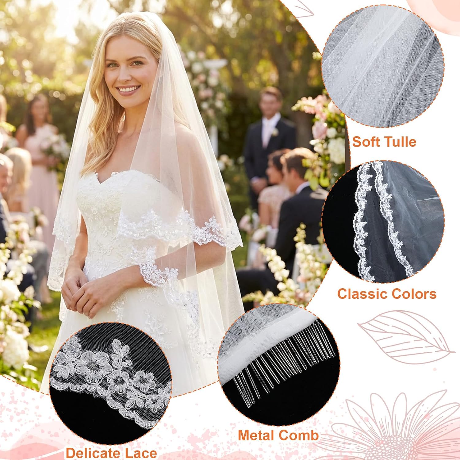 White Lace Wedding Bridal Veil with Comb, 2 Tier Floral Edge Bridal Tulle Veil, Lace Embroidery Appliques Bridal Veils for Bachelorette Party Bridal Shower Flower Girl