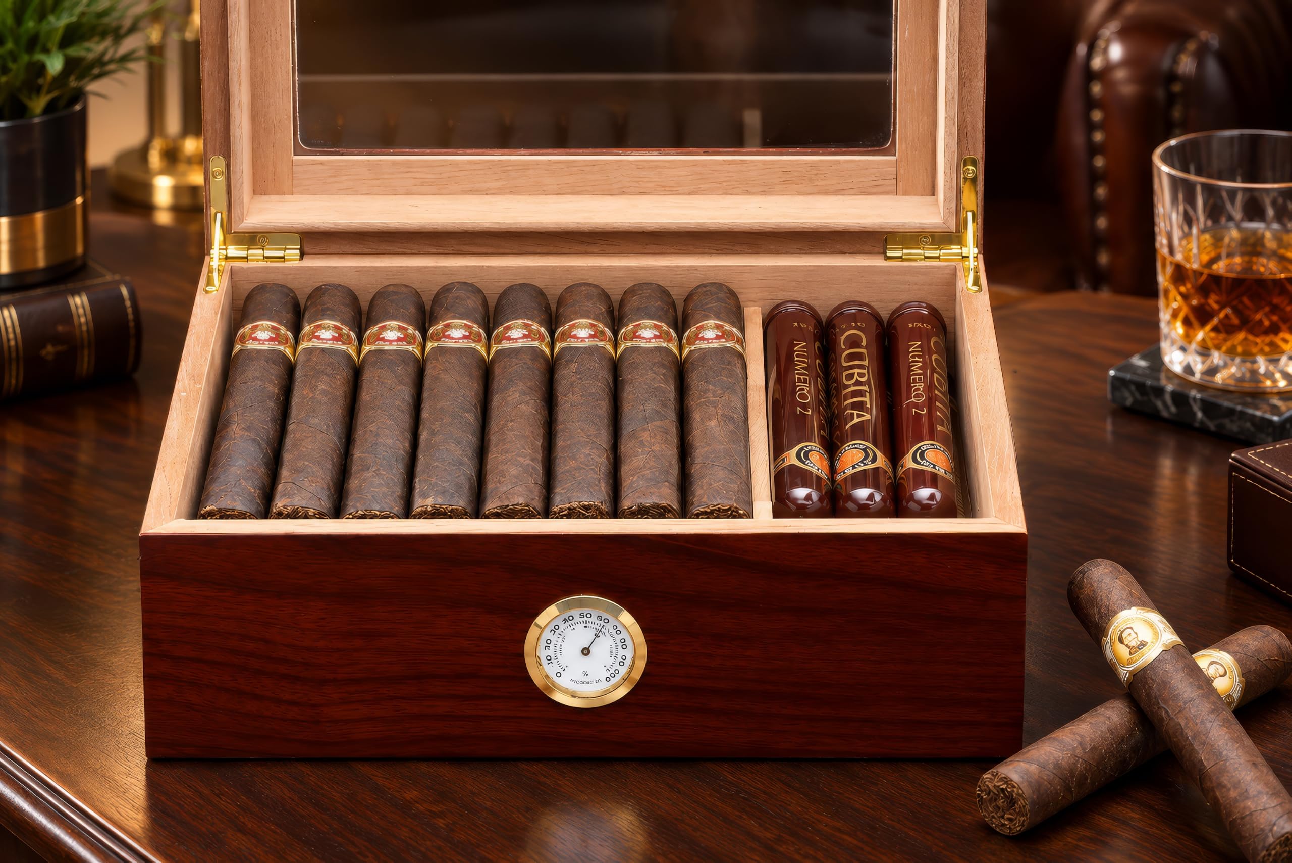 Prestige Import Group - The Chalet Glass Top Cigar Humidor - Capacity: 20-50 - Color: Cherry by Prestige Import Group