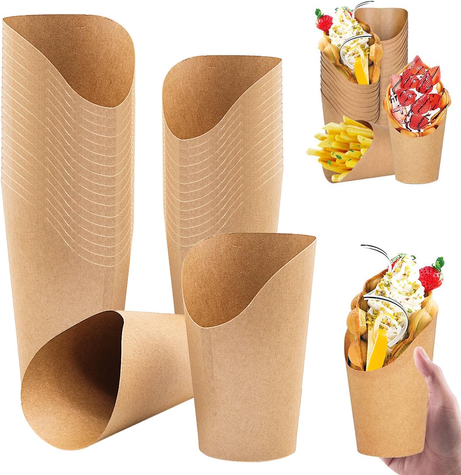 50pcs Charcuterie Cups,Chips Paper Holder,French Fries Holder,12oz,Kraft Paper Cups for Chips,Fruit Skewers, Popcorn, Ice Cream,Egg Puff Waffle