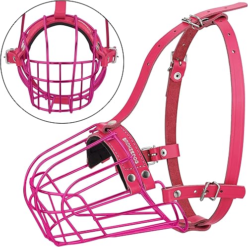 Miniatura 6 de BRONZEDOG Pitbull - Bozal para perro, máscara de metal, cesta de alambre Amstaff, correas de cuero ajustables para perros grandes (rosa)