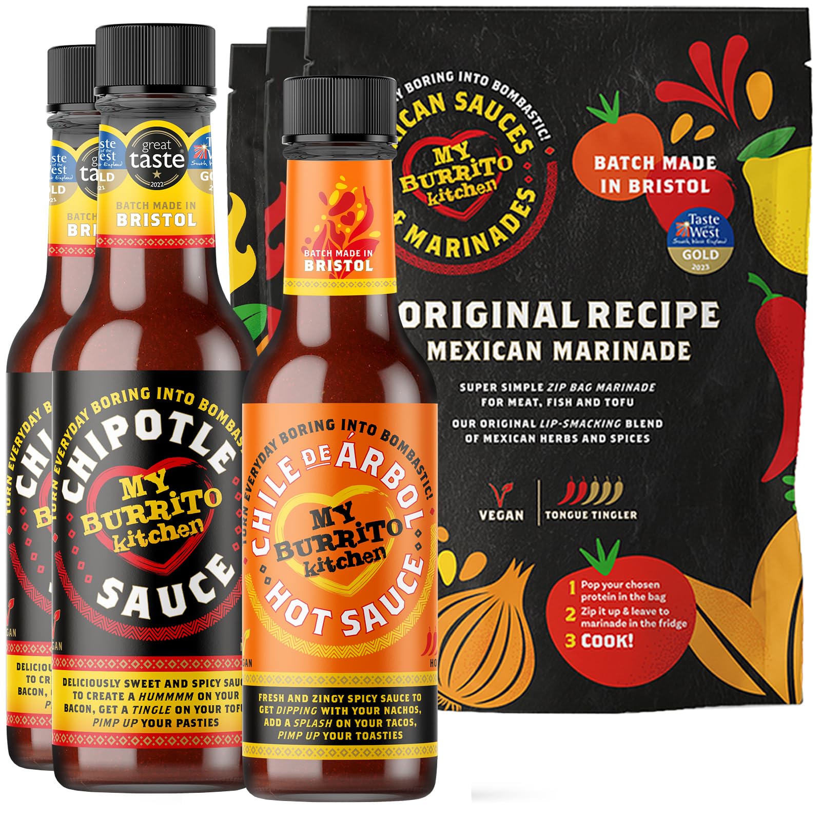 My BurritoKitchen Hot Sauce Gift Set (2 x Chipotle Sauce, 1 x Chile De Árbol Hot Sauce, 3 x 150g Mexican Marinades: 1 Original / 1 Zesty Citrus / 1 Hot Habanero) Vegan Hot Sauce Set - Made in Bristol